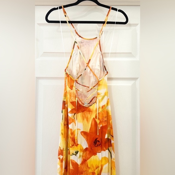 Guess Halter Neck Open Back Tropical Orange Floral Front Slit Maxi Dress sz 0 - Picture 10 of 14